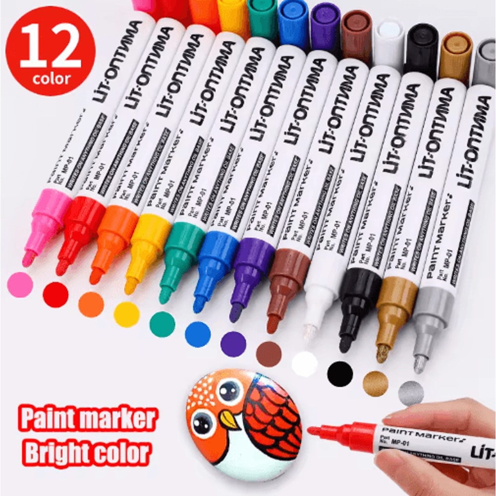 12Color Waterproof Paint Marker Set MultiSurface Permanent Art Pens 17