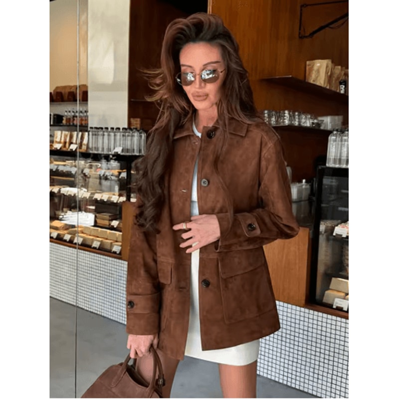 Womens Dark Brown Suede Coat Single Breasted High Street Autumn Jacket 1
