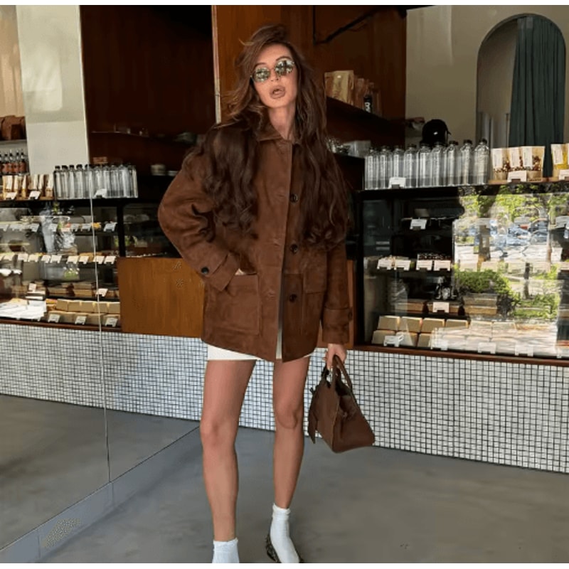 Womens Dark Brown Suede Coat Single Breasted High Street Autumn Jacket 3