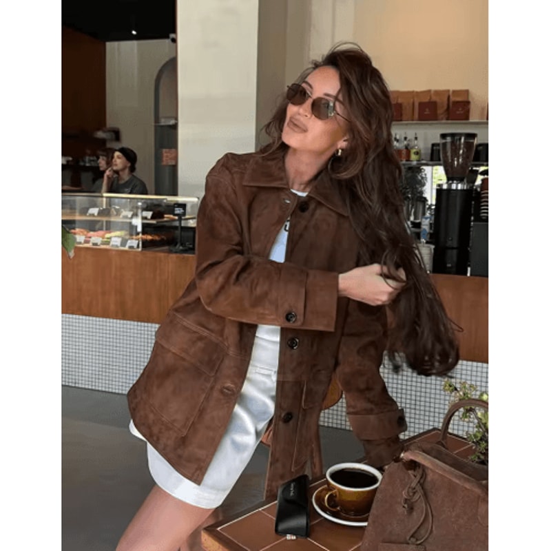 Womens Dark Brown Suede Coat Single Breasted High Street Autumn Jacket 4