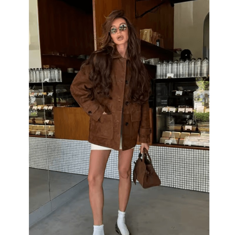 Womens Dark Brown Suede Coat Single Breasted High Street Autumn Jacket 0