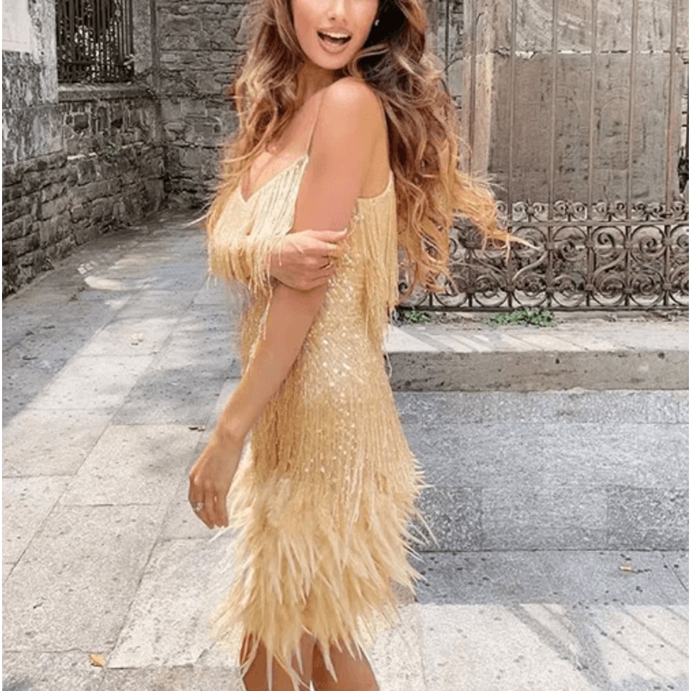 Colorful Sequin Patchwork Dress Feather Sleeveless Summer Party Dress 4