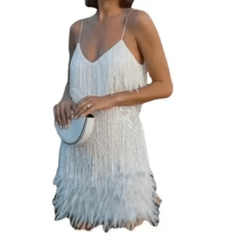 Colorful Sequin Patchwork Dress Feather Sleeveless Summer Party Dress 8