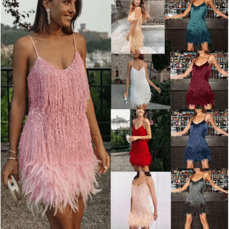 Colorful Sequin Patchwork Dress Feather Sleeveless Summer Party Dress 12