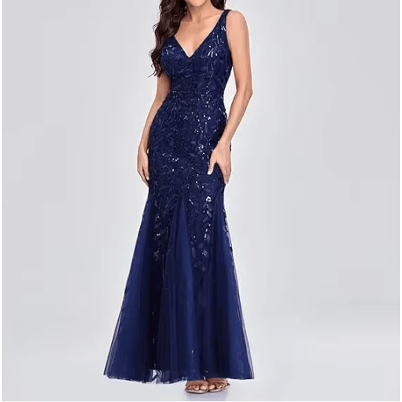 Elegant V Neck Sequin Dress Sleeveless Socialite Summer Evening Gown 0