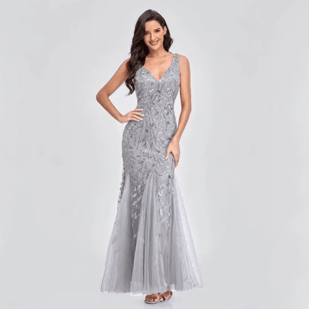 Elegant V Neck Sequin Dress Sleeveless Socialite Summer Evening Gown 1