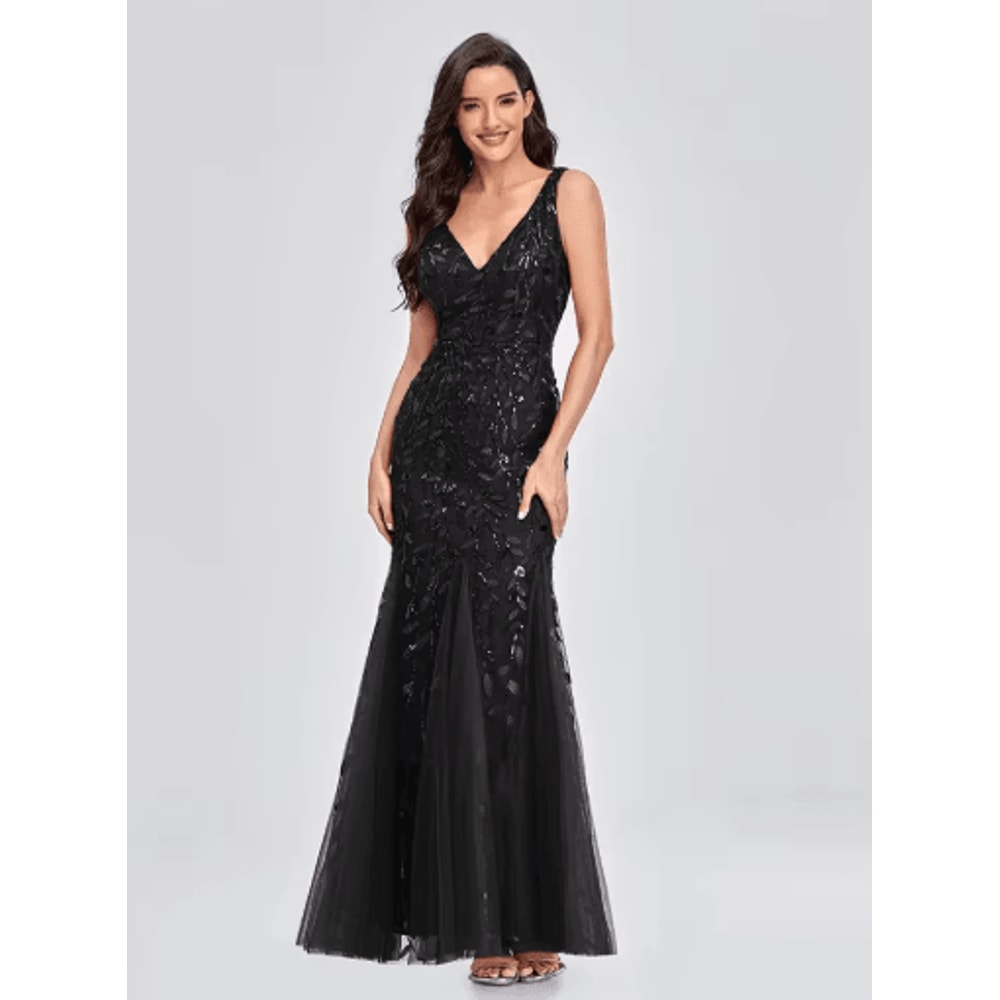 Elegant V Neck Sequin Dress Sleeveless Socialite Summer Evening Gown 2