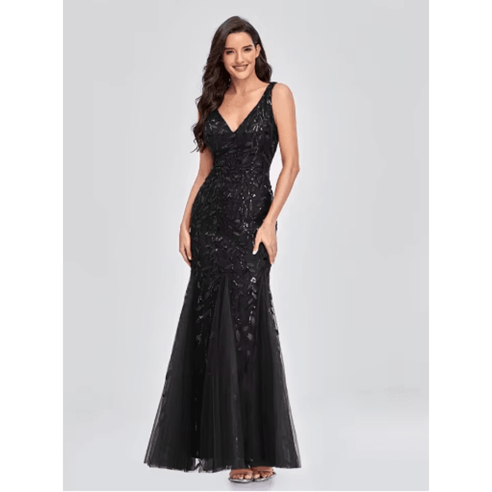 Elegant V Neck Sequin Dress Sleeveless Socialite Summer Evening Gown 3