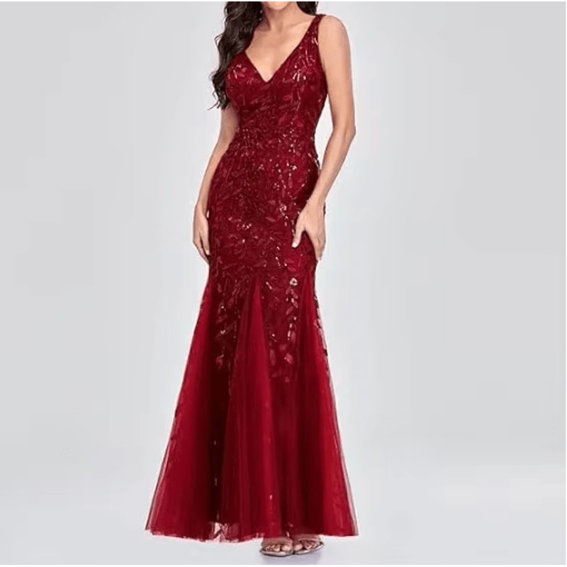 Elegant V Neck Sequin Dress Sleeveless Socialite Summer Evening Gown 4