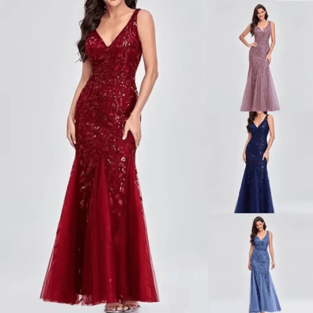 Elegant V Neck Sequin Dress Sleeveless Socialite Summer Evening Gown 7