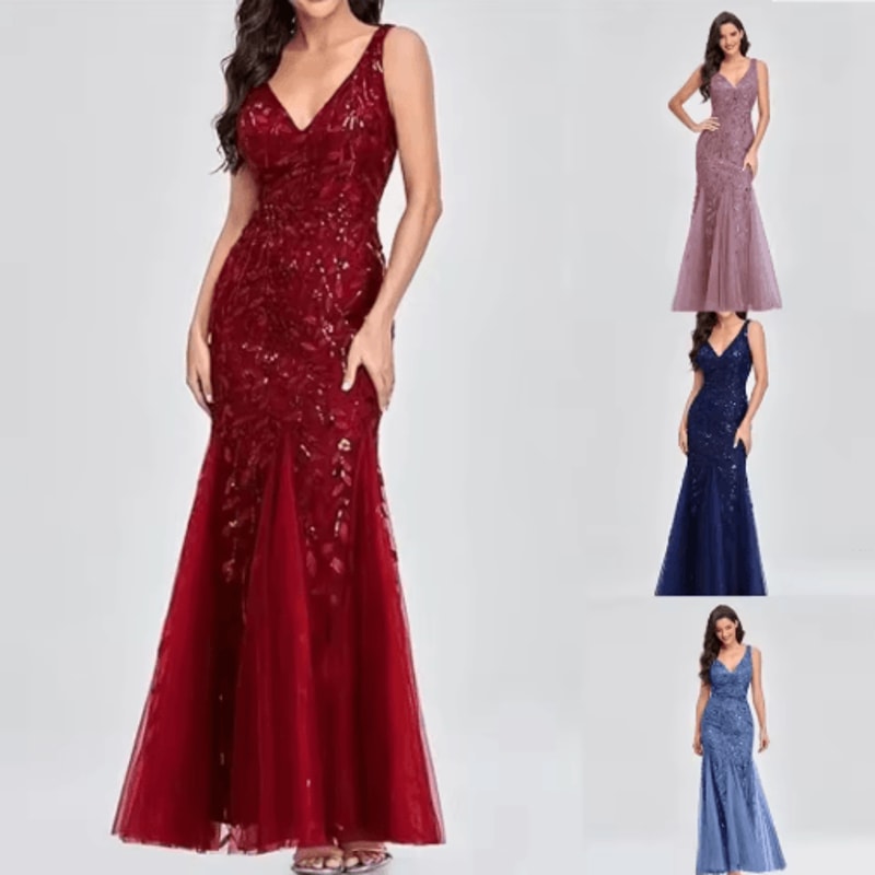 Elegant V Neck Sequin Dress Sleeveless Socialite Summer Evening Gown 7
