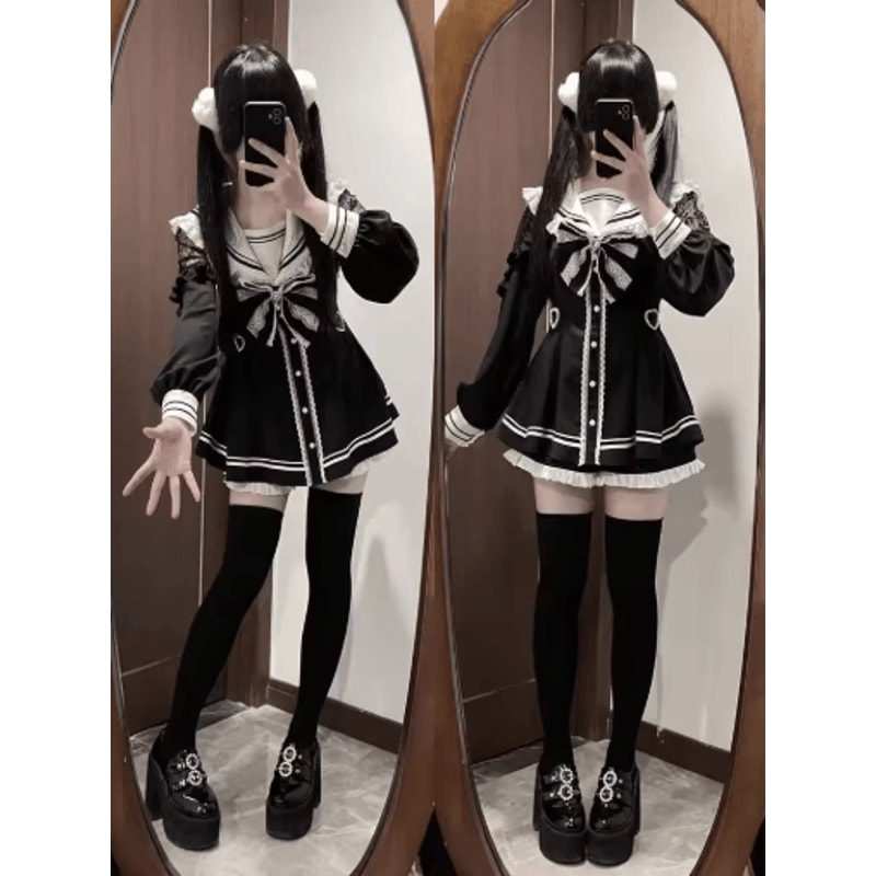 Harajuku Kawaii Plaid Dress Slim Fit Bow Lolita Long Sleeve Dress 0