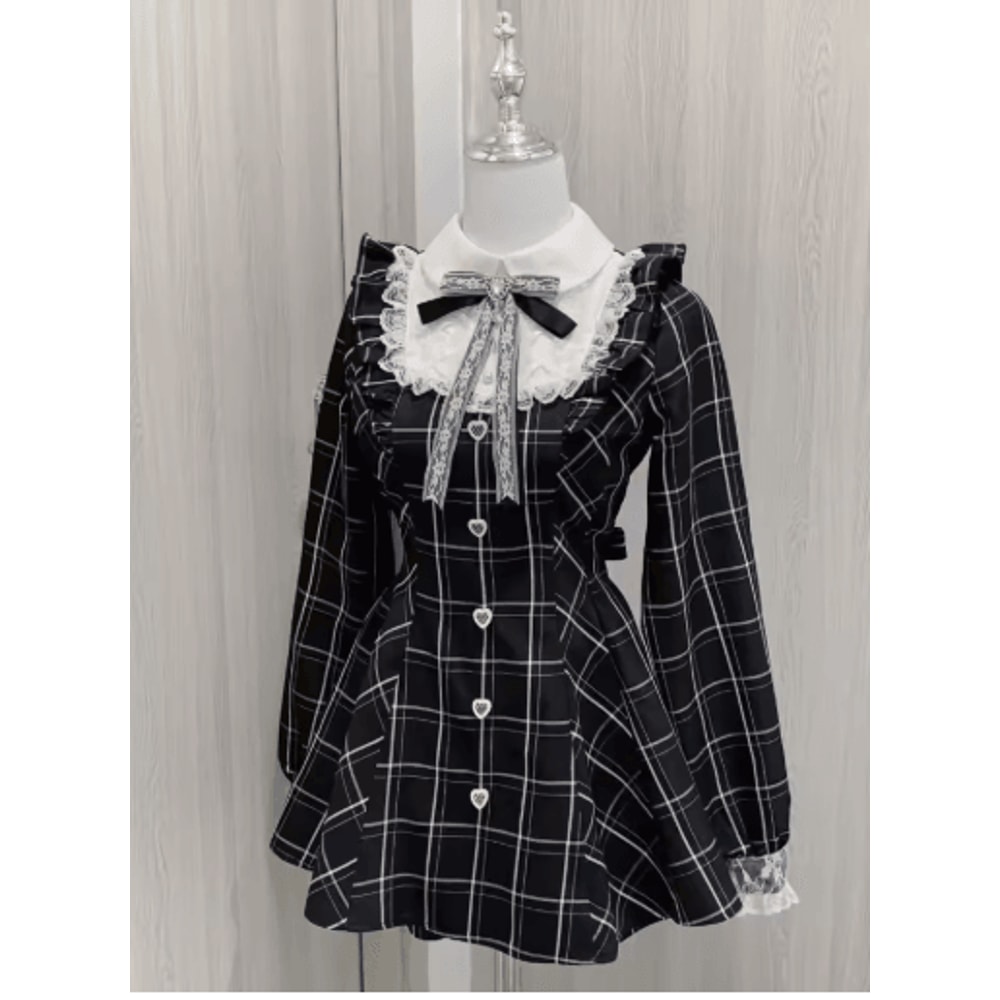 Harajuku Kawaii Plaid Dress Slim Fit Bow Lolita Long Sleeve Dress 9