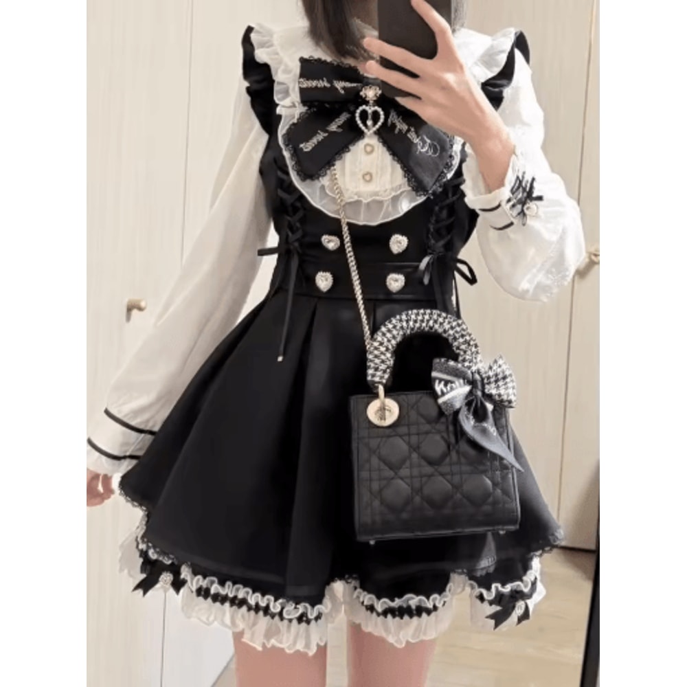 Harajuku Kawaii Plaid Dress Slim Fit Bow Lolita Long Sleeve Dress 1