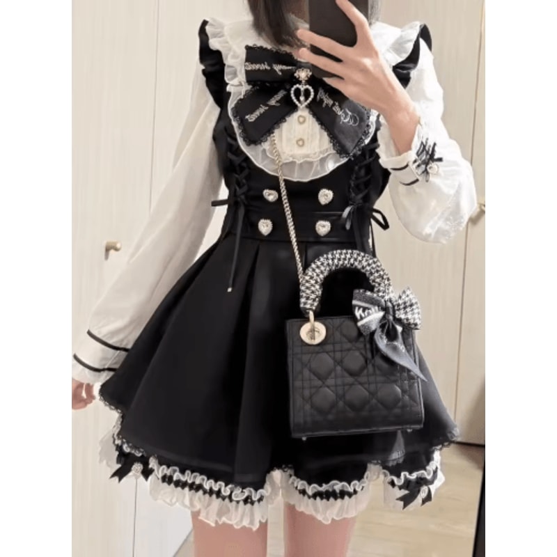 Harajuku Kawaii Plaid Dress Slim Fit Bow Lolita Long Sleeve Dress 12