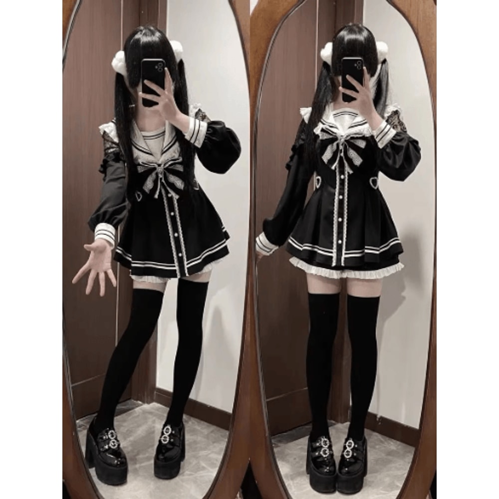 Harajuku Kawaii Plaid Dress Slim Fit Bow Lolita Long Sleeve Dress 13