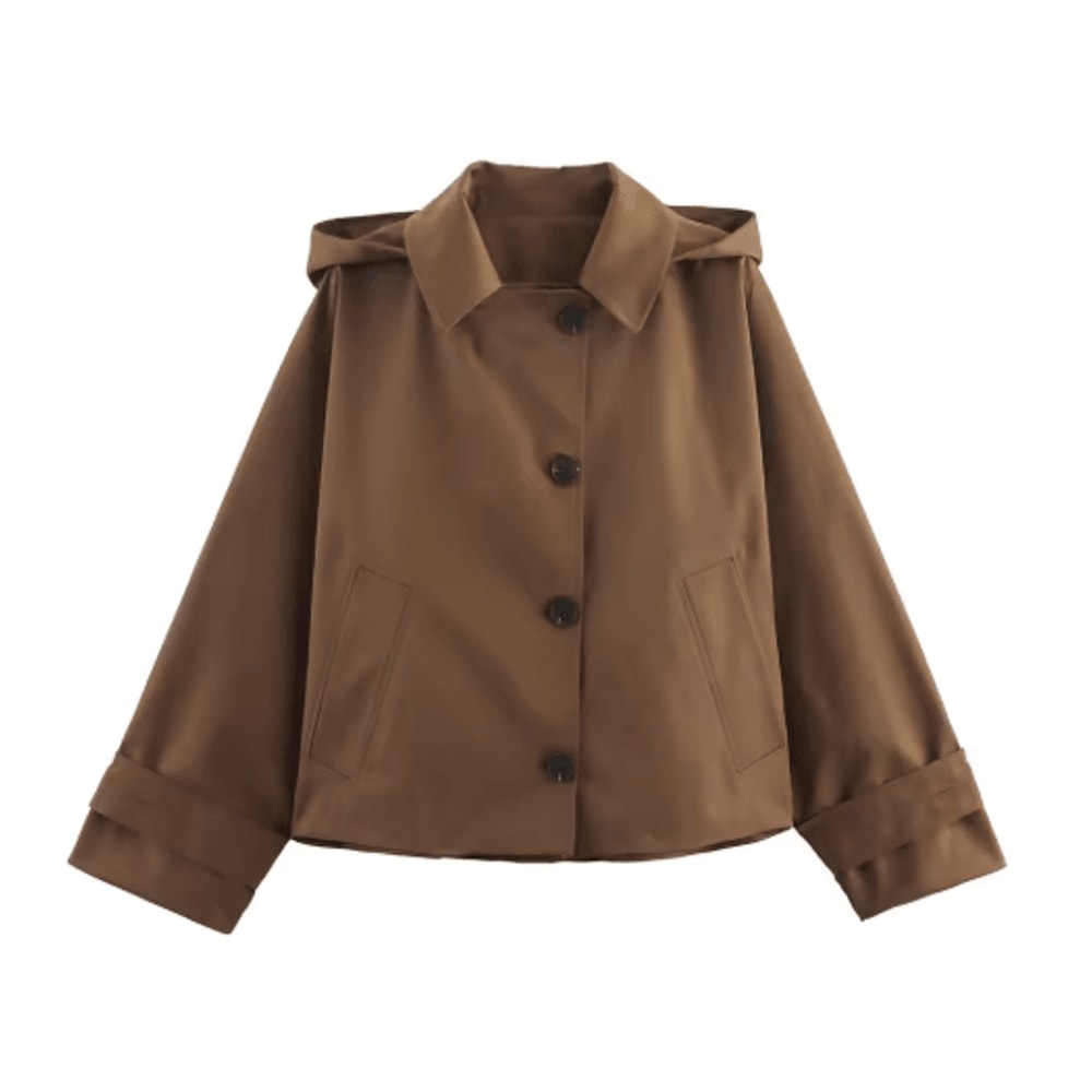 Modern Hooded Trench Coat Short Lapel Single Breasted Autumn Jacket 0