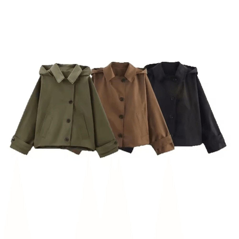 Modern Hooded Trench Coat Short Lapel Single Breasted Autumn Jacket 8