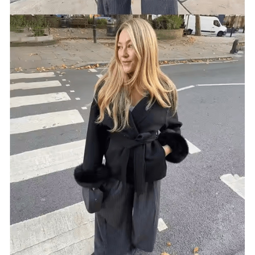 Elegant Woolen Short Coat Lace Up Loose Lapel Autumn Winter Jacket 0