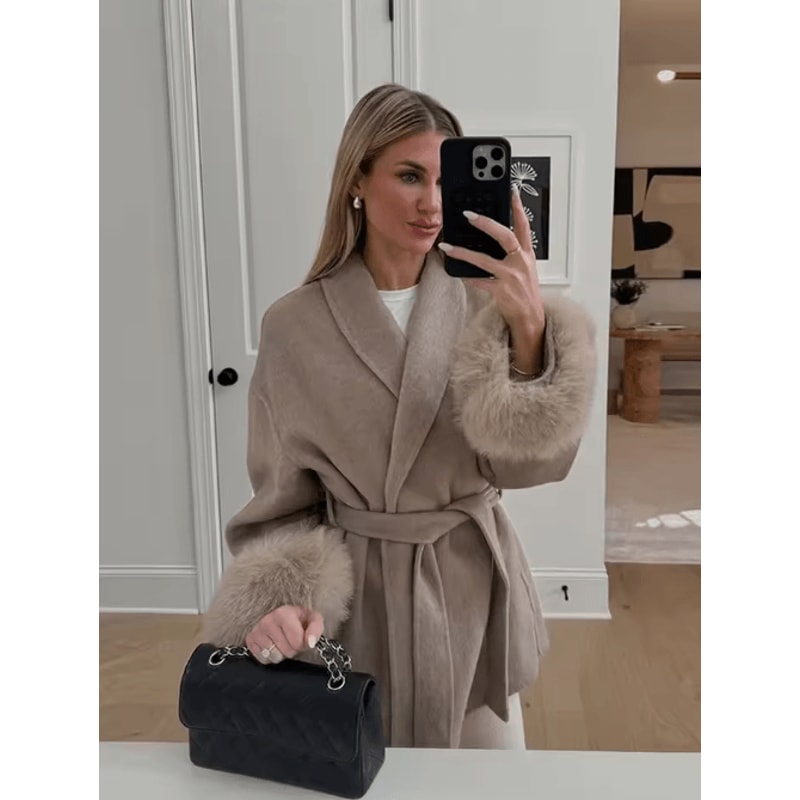 Elegant Woolen Short Coat Lace Up Loose Lapel Autumn Winter Jacket 9