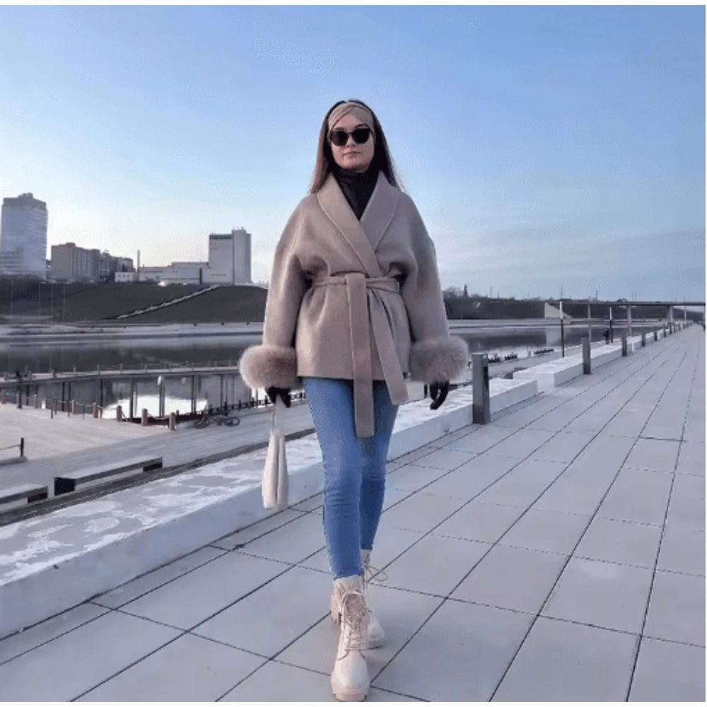 Elegant Woolen Short Coat Lace Up Loose Lapel Autumn Winter Jacket 3