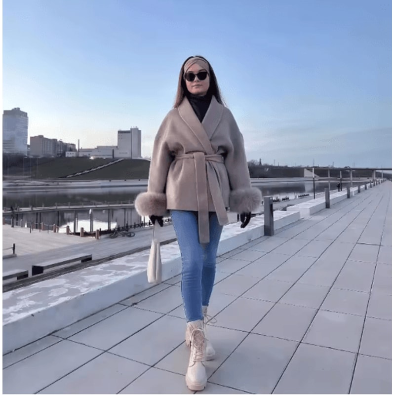 Elegant Woolen Short Coat Lace Up Loose Lapel Autumn Winter Jacket 4