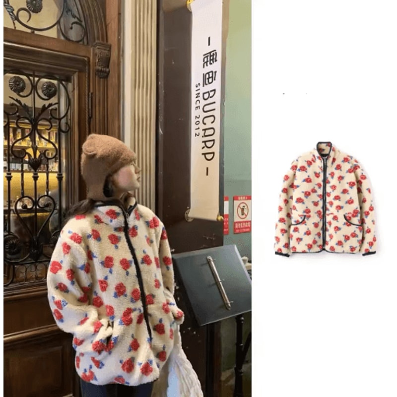Oversized Floral Print Jacket Zipper Winter Casual Commute Outerwear 0