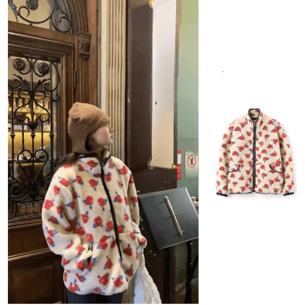 Oversized Floral Print Jacket Zipper Winter Casual Commute Outerwear 2