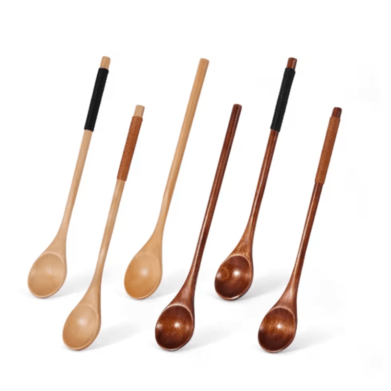 Natural Wooden Tea Spoon Set Long Coffee Dessert Stirring Spoons 6