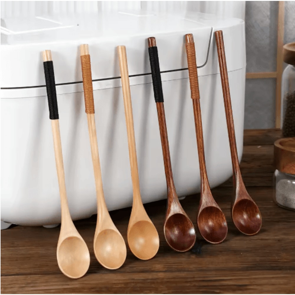 Natural Wooden Tea Spoon Set Long Coffee Dessert Stirring Spoons 11