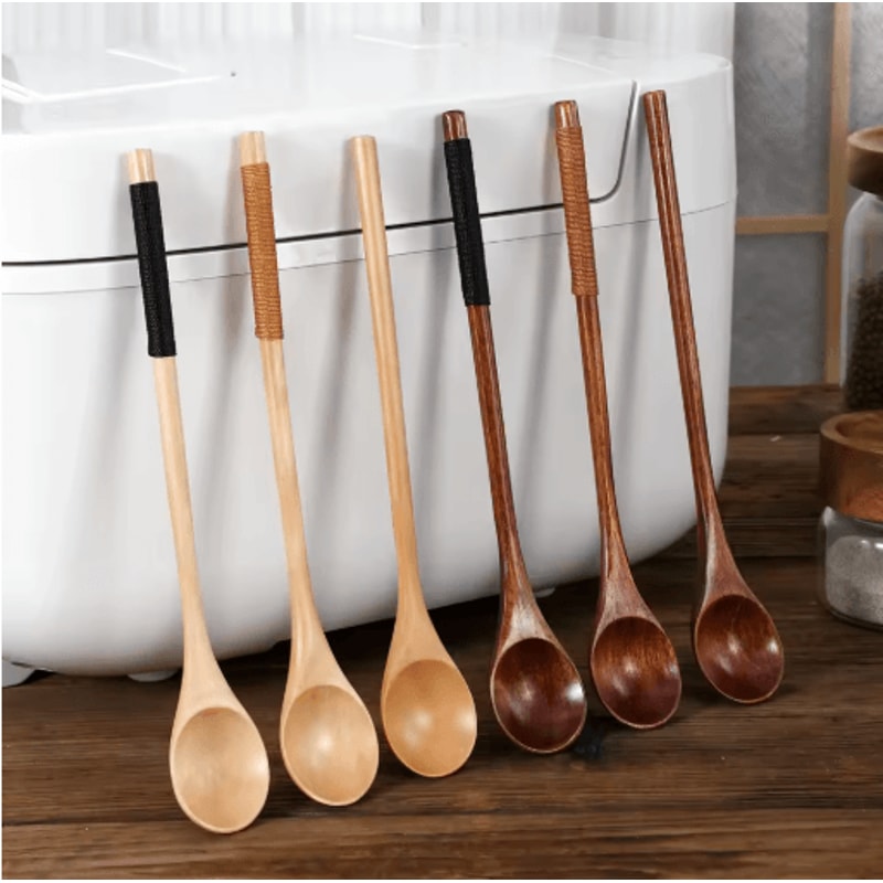 Natural Wooden Tea Spoon Set Long Coffee Dessert Stirring Spoons 11