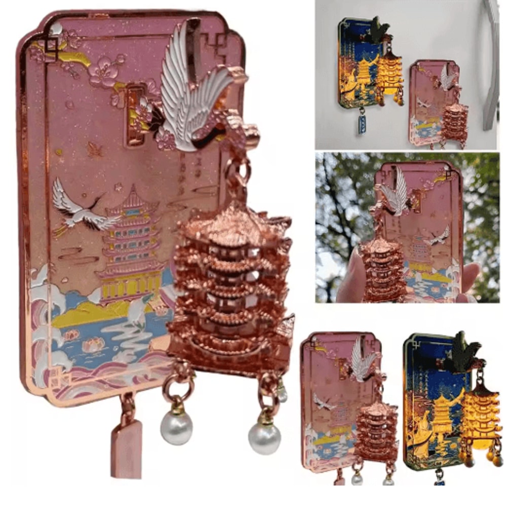 Chinese Style LED Fridge Magnet Light Up Yellow Crane Tower Souvenir 4