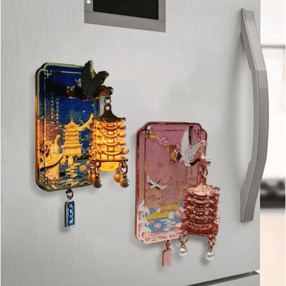 Chinese Style LED Fridge Magnet Light Up Yellow Crane Tower Souvenir 0