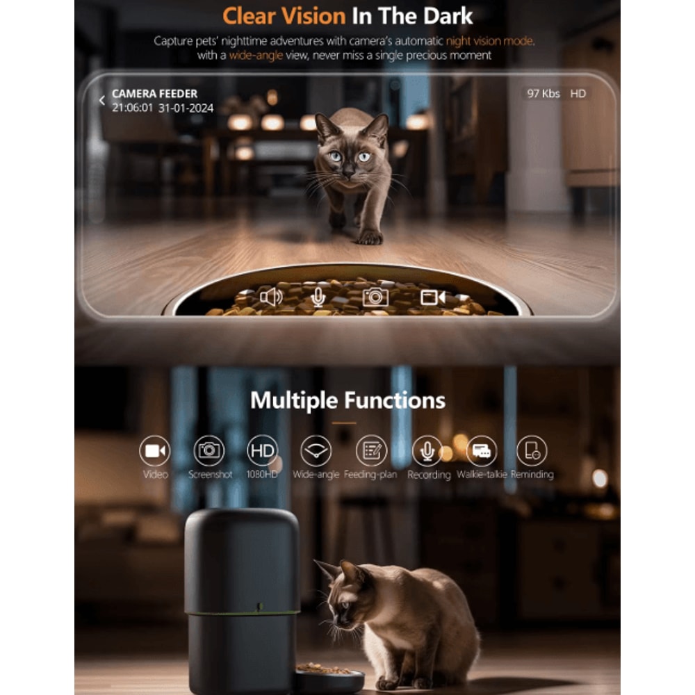 Automatic Cat Feeder Camera Pet Smart Cat Food Kibble Dispenser 24G5GWiFi Tuya APP Control Auto Fee 6