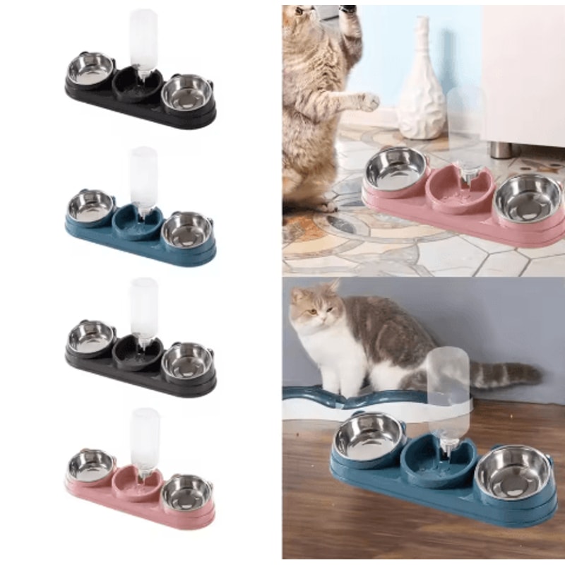 3in1 Triple Cat Bowl 15 Tilted Food Water Feeding Station 7
