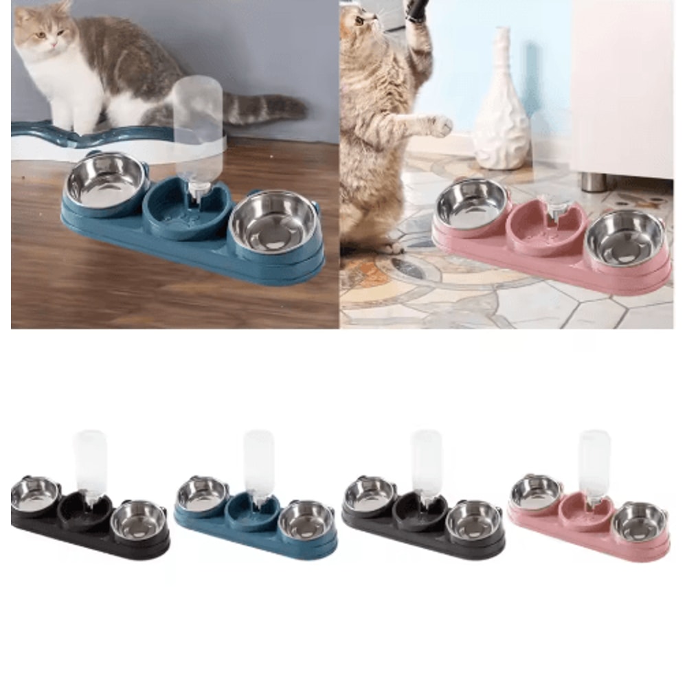 3in1 Triple Cat Bowl 15 Tilted Food Water Feeding Station 0