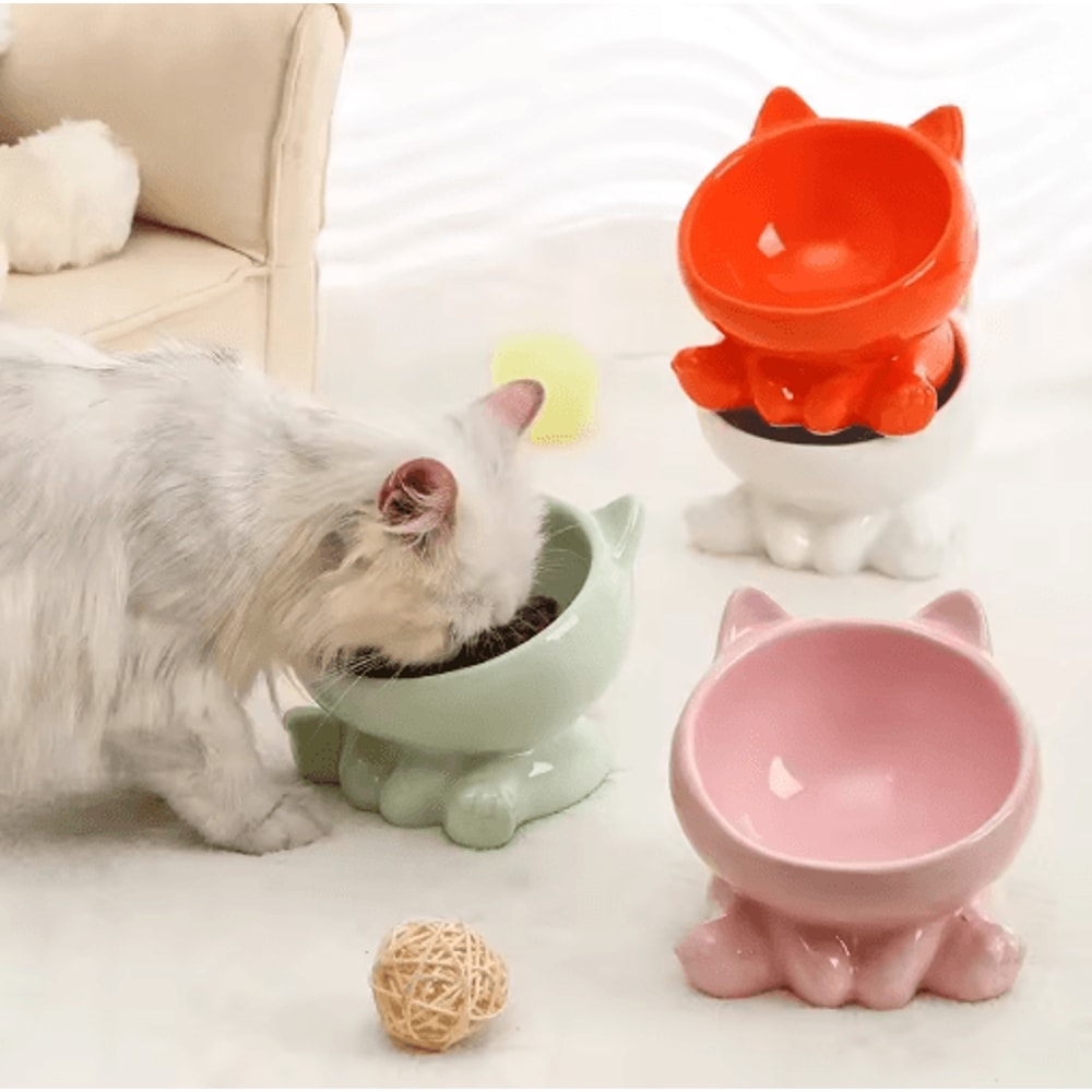 Elevated Tilted Ceramic Cat Bowl Cute Ergonomic Food Water Dish 8