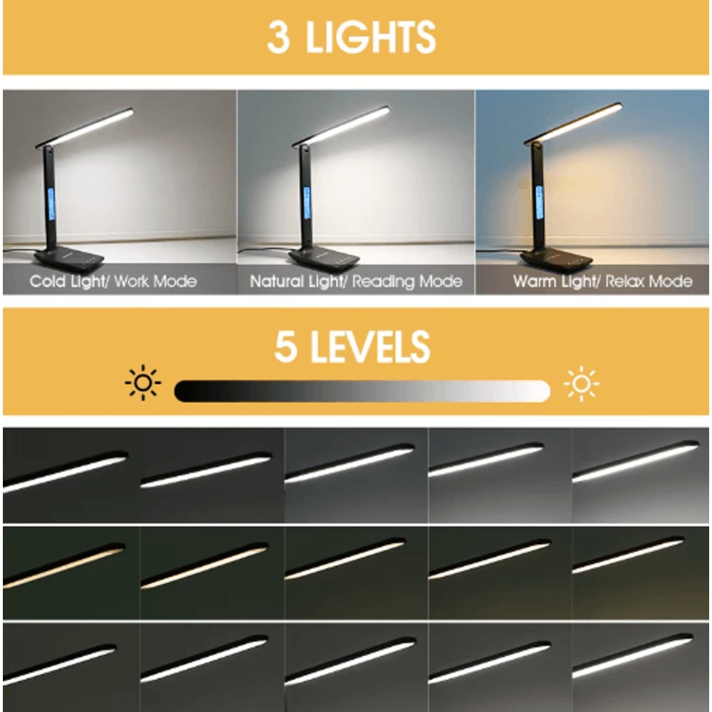 10W Wireless Charging LED Desk Lamp With Clock Calendar Eye Protection 3