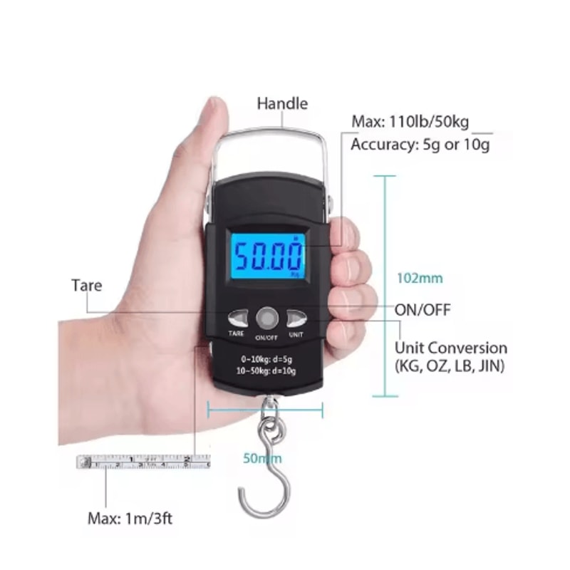 Digital Hanging Scale With Tape Measure 50kg Portable Luggage Fishing Scale 5