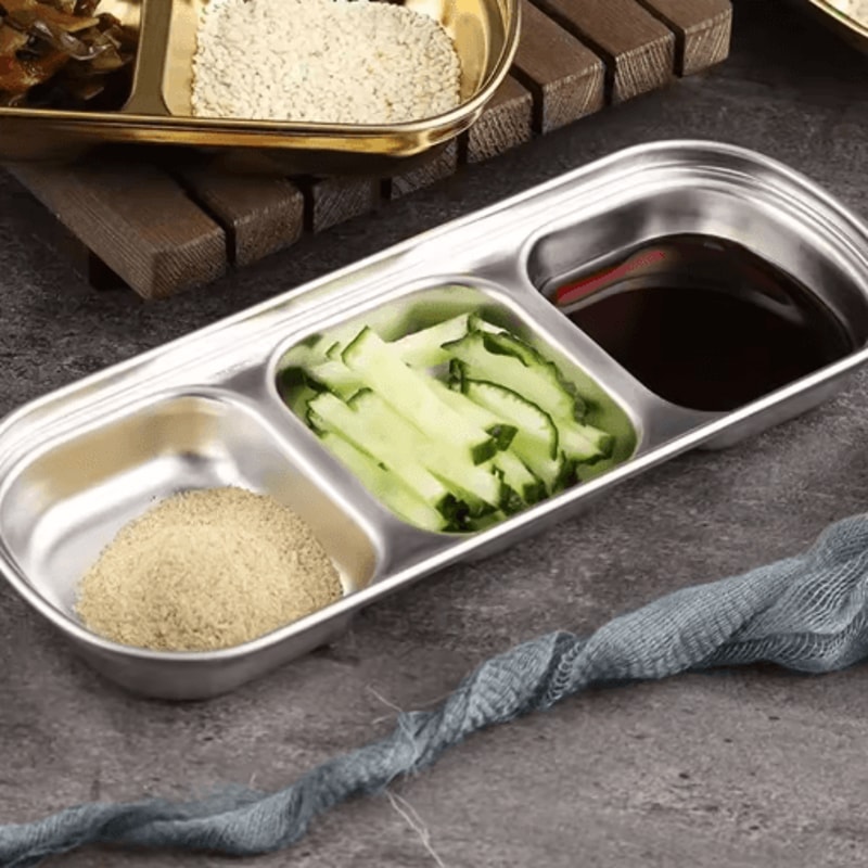 304 Stainless Steel 3Compartment Sauce Tray For BBQ Serving 4