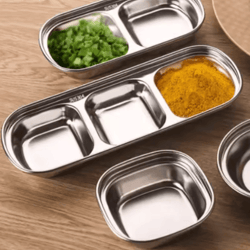 304 stainless steel 3-compartment sauce tray for bbq & serving