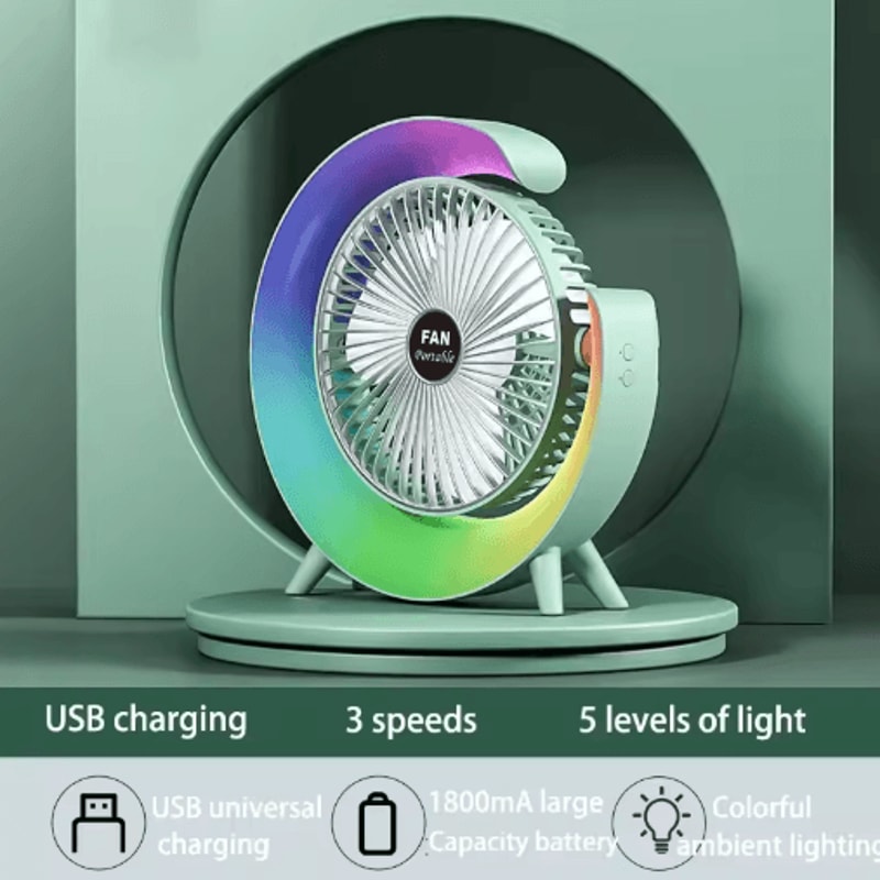 Portable USB Desk Fan With 180 Rotation Colorful LED Light 2