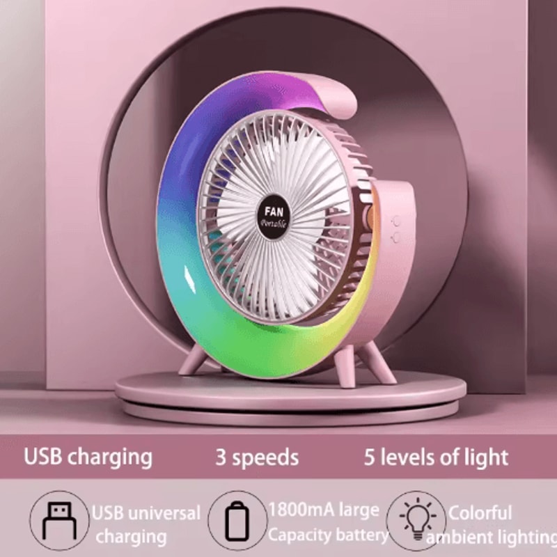 Portable USB Desk Fan With 180 Rotation Colorful LED Light 3
