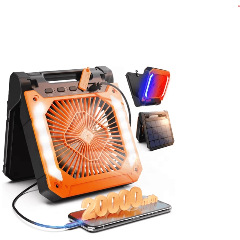 20000mAh Portable Camping Fan With LED Light Solar USB Rechargeable Outdoor Cooling Fan 1