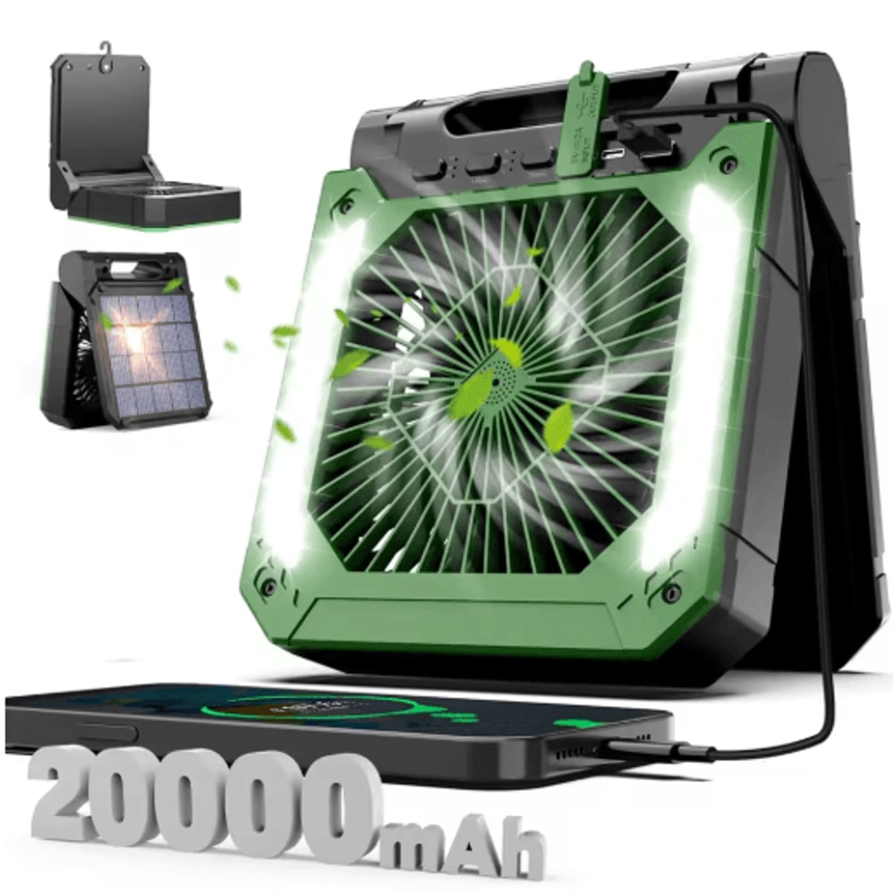 20000mAh Portable Camping Fan With LED Light Solar USB Rechargeable Outdoor Cooling Fan 3