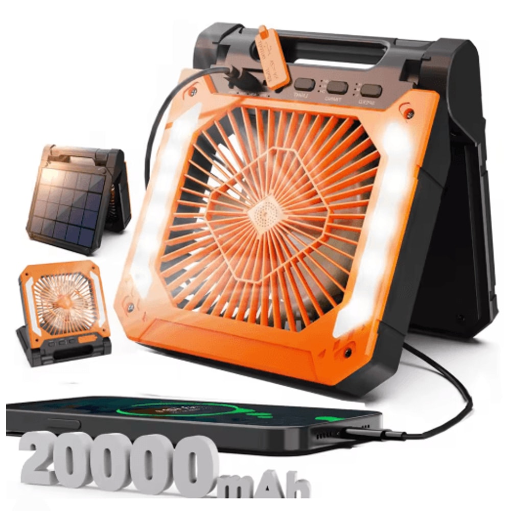 20000mAh Portable Camping Fan With LED Light Solar USB Rechargeable Outdoor Cooling Fan 4
