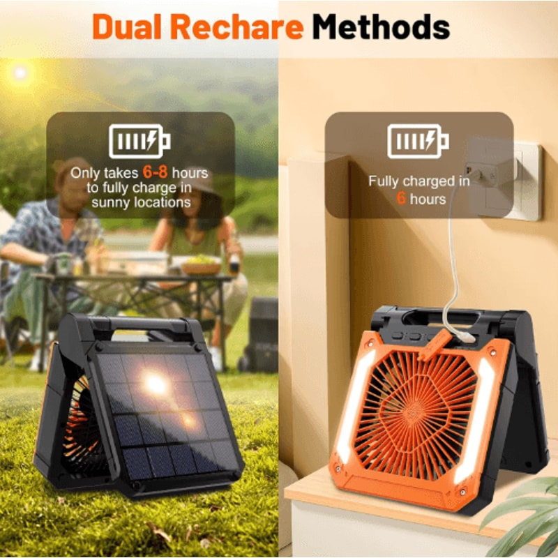 20000mAh Portable Camping Fan With LED Light Solar USB Rechargeable Outdoor Cooling Fan 6