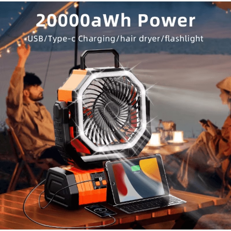 20000mAh Battery Operated Portable Camping Fan With LED Light Rechargeable Desk Outdoor Fan 7