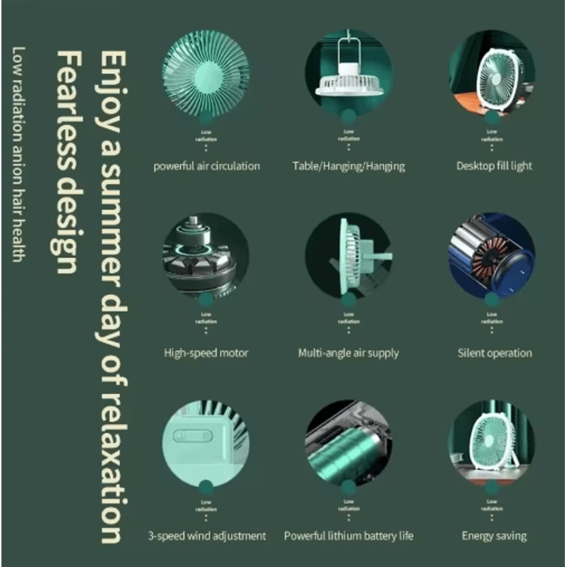 TINSOL LED Fan Light USB Rechargeable Desktop Cooling Fan With Wide Angle Airflow 3