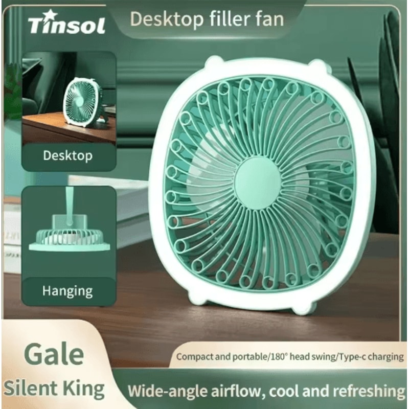 TINSOL LED Fan Light USB Rechargeable Desktop Cooling Fan With Wide Angle Airflow 0